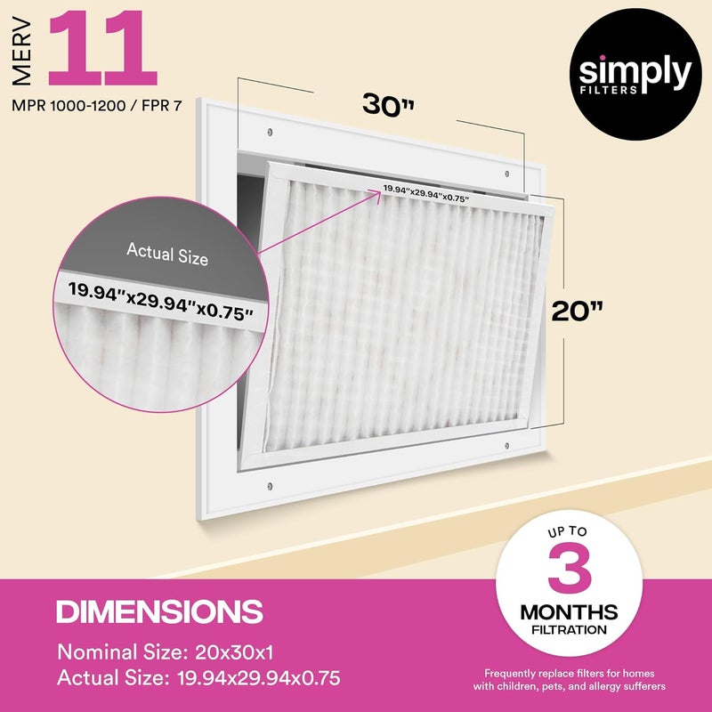 SIMPLY 20x30x1 Air Filter, Merv 11, 6 Pack, For Home AC Furnace & HVAC (Actual Size: 19.75"x29.75"x0.75") DUST, Pet, & Allergy Control - Image 3